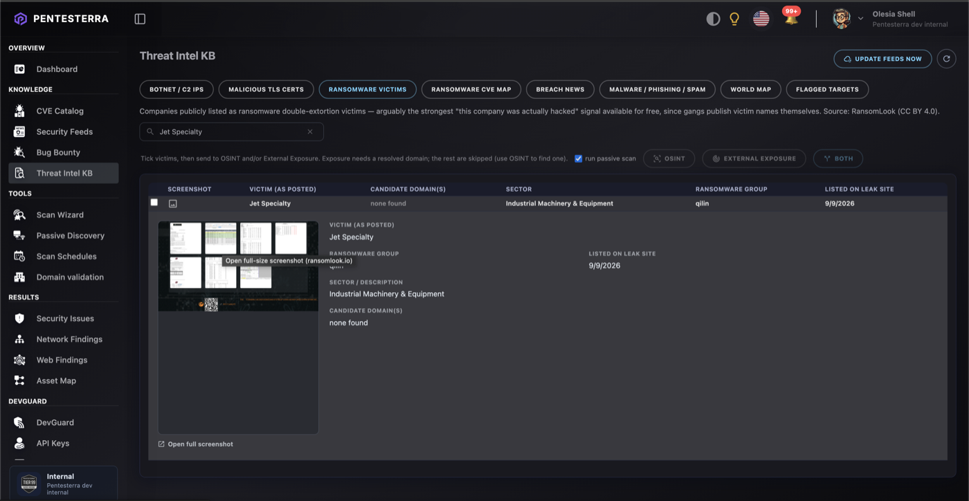 Pentesterra Threat Intel KB detail record for a ransomware victim listing: company name, ransomware group (qilin), sector, listing date, and a thumbnail gallery of the leak site's own screenshot evidence