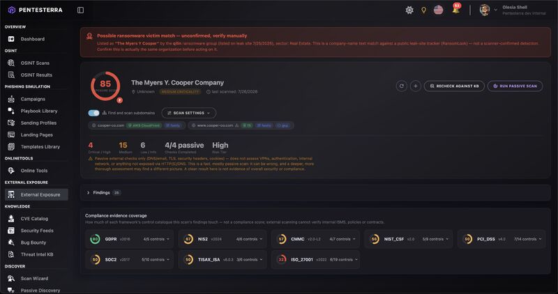 A Pentesterra company view with an External Exposure assessment: findings, ransomware-match warning, compliance-evidence coverage across GDPR, PCI-DSS, ISO 27001 and more
