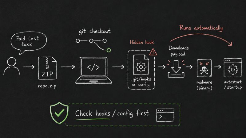 Attack flow: a fake job task repo runs a post-checkout hook on git checkout, which pulls a script, installs Node.js, fetches a payload and a binary, and adds it to autostart