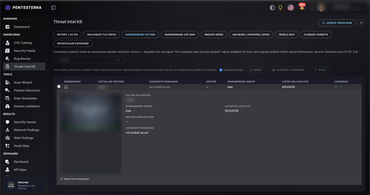 Pentesterra Threat Intel KB: a ransomware victim listing pulled from a leak site, with the group name, listing date, and the leak site's own screenshot as evidence