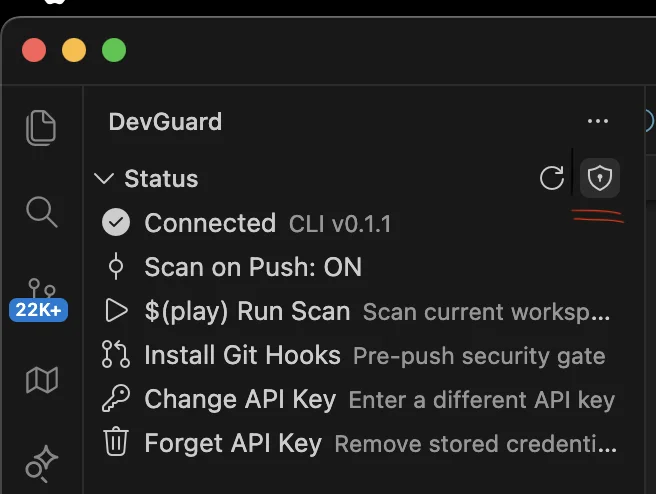 DevGuard sidebar - status and quick actions