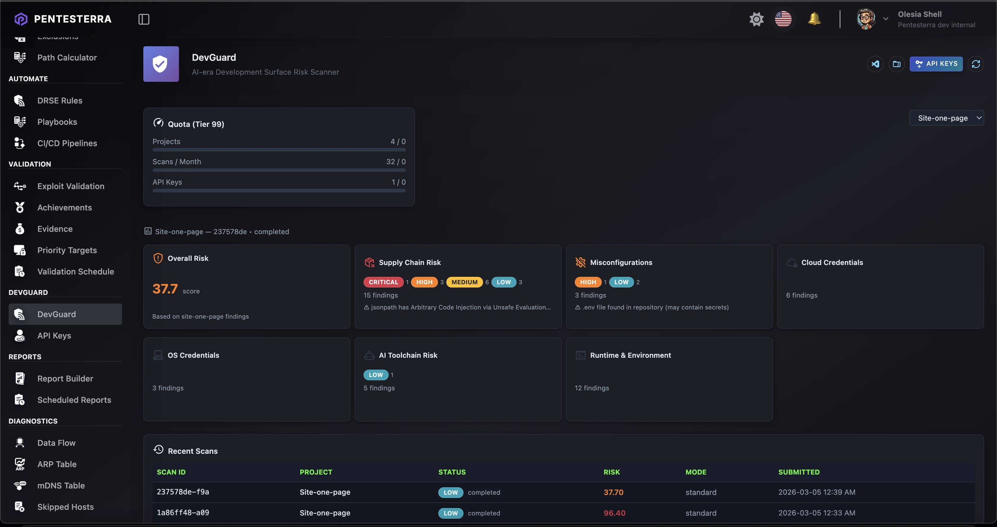 DevGuard web console dashboard