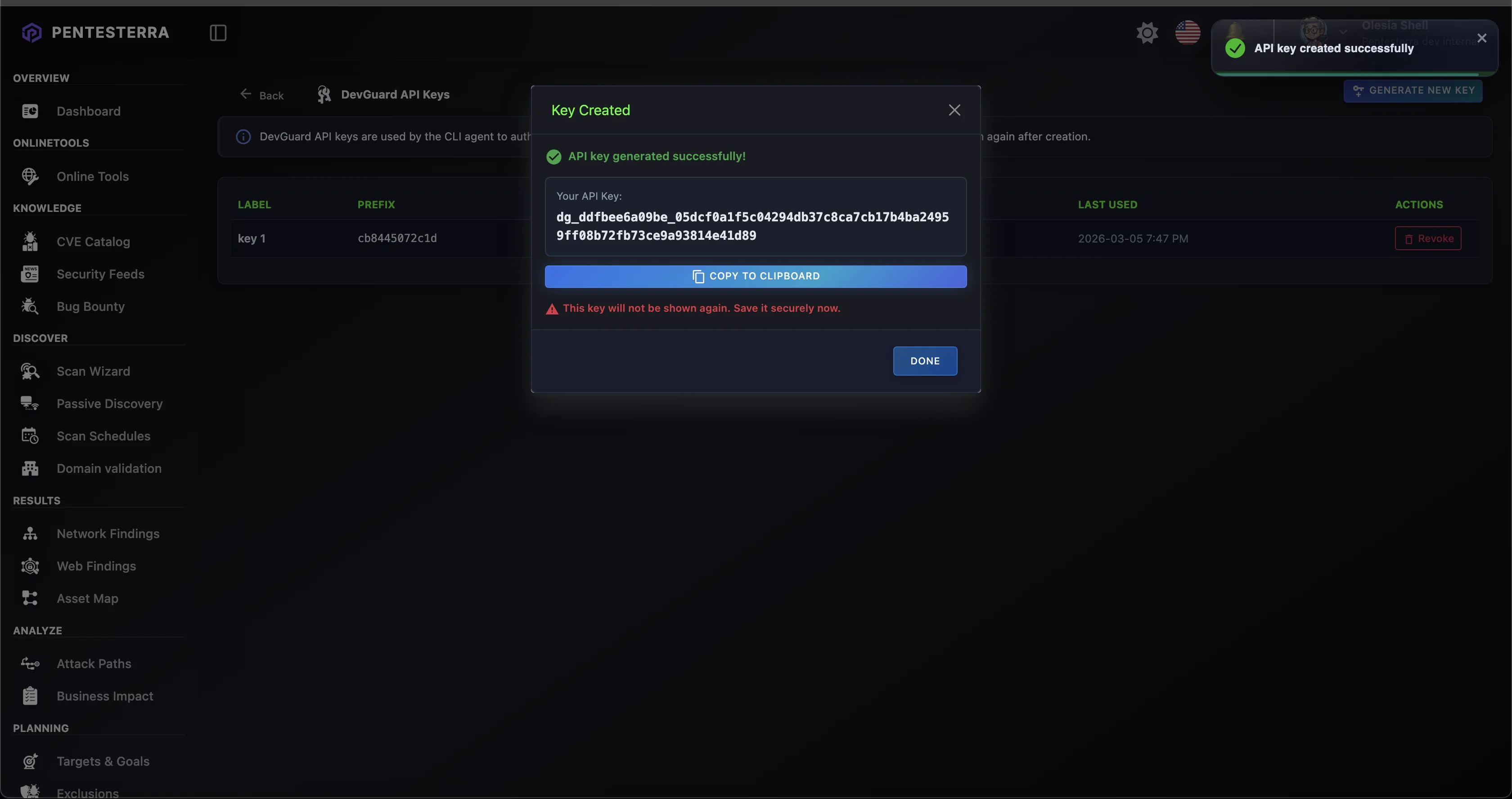API key created - copy to clipboard