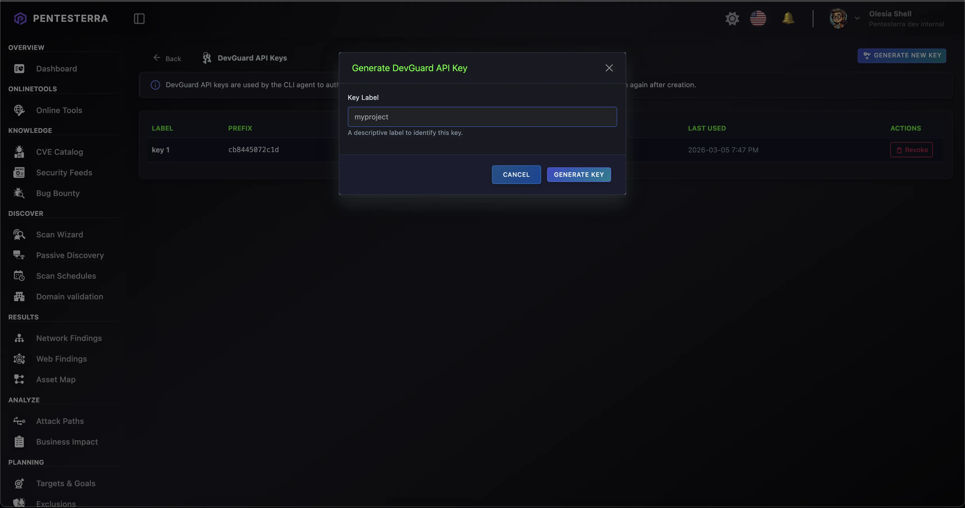 Generate DevGuard API Key dialog