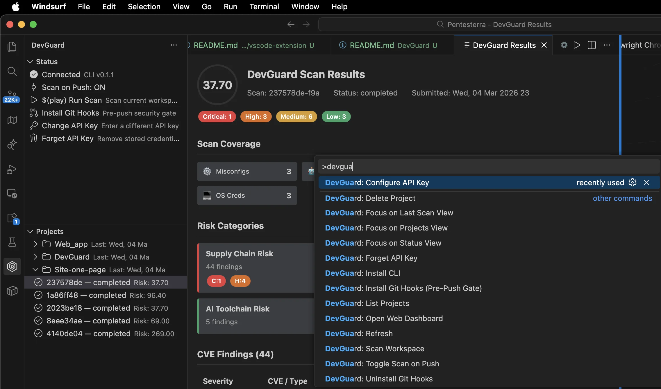 DevGuard IDE extension - command palette and results