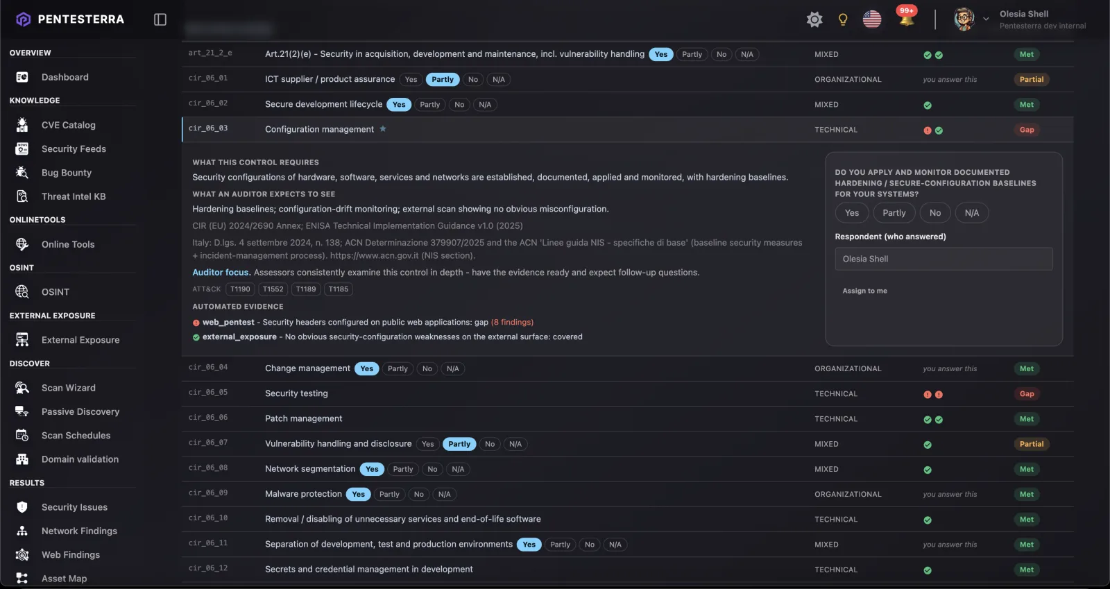 A configuration management control flagged as an auditor-focus item, with a note that assessors consistently examine this control in depth, MITRE ATT&CK technique chips, and two separate automated evidence lines - a web pentest gap alongside a covered external exposure check