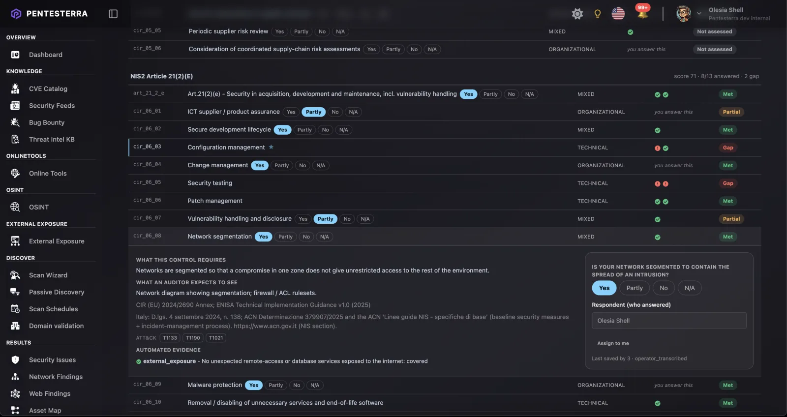 Pentesterra Compliance module listing multiple assessments and standards - ISO 27001, GDPR, DORA, NIS2 - each with its own answered/in-progress status