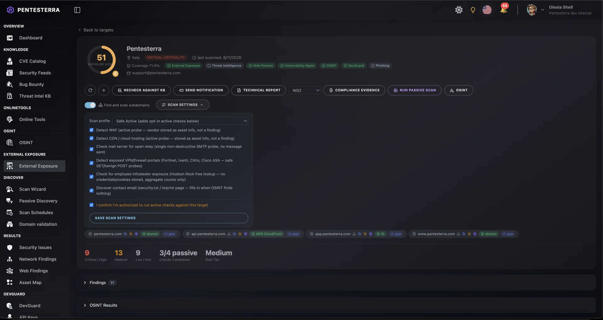 Scan settings panel showing opt-in Safe Active checks: WAF detection, CDN/cloud hosting detection, mail relay check, exposed VPN/firewall portal detection, employee infostealer exposure check, and contact email discovery